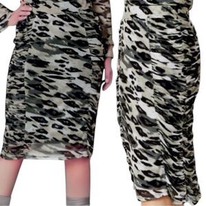 Adrienne Landau Onyx Animal Print Mesh Midi Skirt